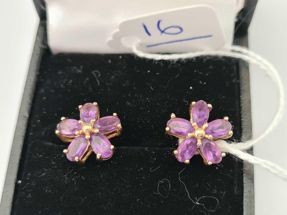 A pair of good amethyst cluster earrings 9ct