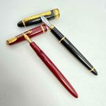 A black fountain pen Mont Blanc style together with a maroon Parker fountain pen with 14ct gold nib