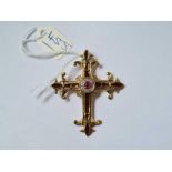 A GOOD DIAMOND AND RUBY ENAMELED CROSS 14CT GOLD - 10 GMS