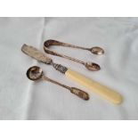 An Exeter Victorian salt spoon, pair of Victorian tongs and a butter knife