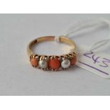 A Victorian coral and pearl ring with rose diamond points 15ct gold size P - 2.7 gms