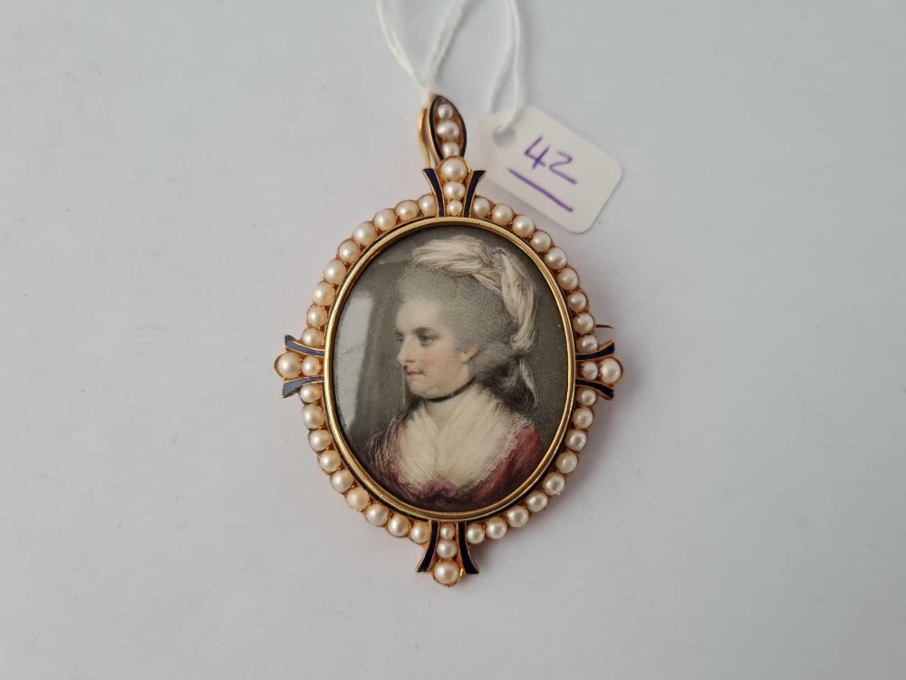 A GEORGIAN ENAMEL AND PEARL FRAMED MINIATURE BY JOHN SMART 1742-1811 18CT GOLD TESTED CASED