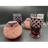 A pair of overlay glass goblets and a pair of multicoloured vases - 4" high