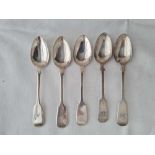 Five Victorian Exeter teaspoons. 1852 etc
