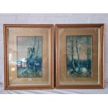 H Seymour - Birch Trees by a River, 16" x 9.5", signed A Pair