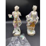 A pair of Dresden figures - 8" high, some damage