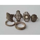 Six silver and marcasite rings