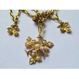 A ATTRACTIVE VICTORIAN DESIGH NECKLACE WITH THREE PERAL CLUSTER DROP PENDANTS 15CT GOLD - 7.6 GMS