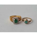 EMERALD & DIAMOND 18ct gold cluster ring size P 7.3g inc also a 9ct emerald/diamond ring