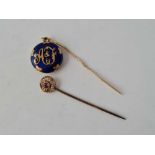 A unusual Georgian stick pin with enamelled memorial locket together with one other