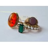 four assorted gold set rings inc pearl and amber examples 9ct