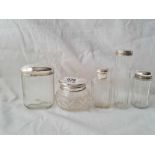 Five plain silver top jars, Sheffield 1898 etc