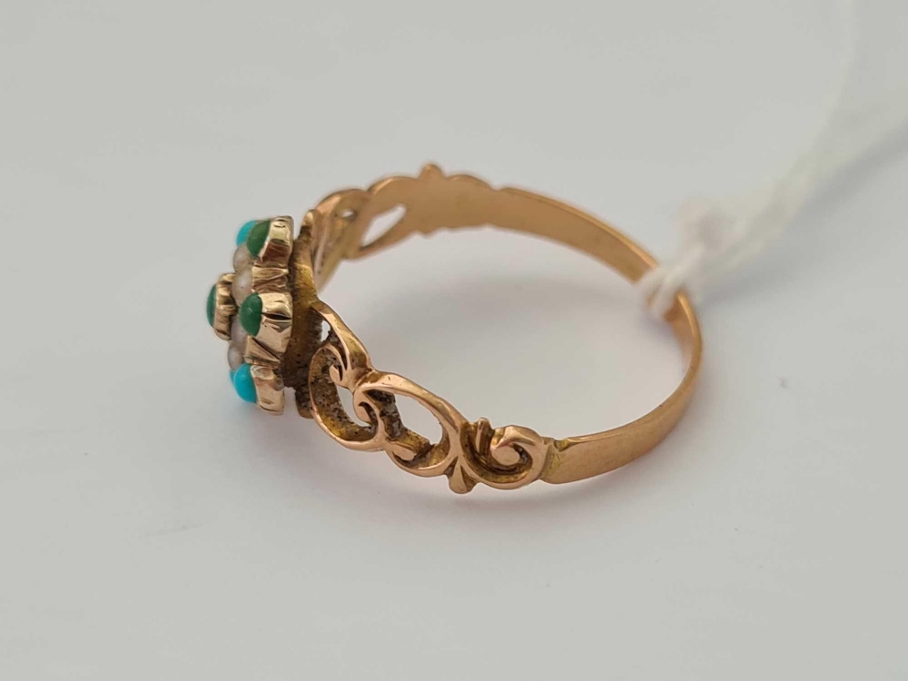 A Victorian pearl and turquoise cluster ring with pierced shoulders, size n - 1.6 gms - Image 2 of 3