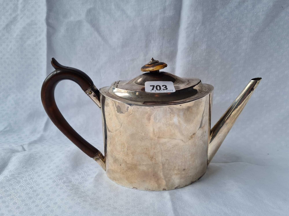 A George III plain oval teapot - 10"" wide - London 1796 by RC - 400 g. all in