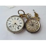 A ladies silver and silvered faced fob watch and key together with gents metal pocket watch