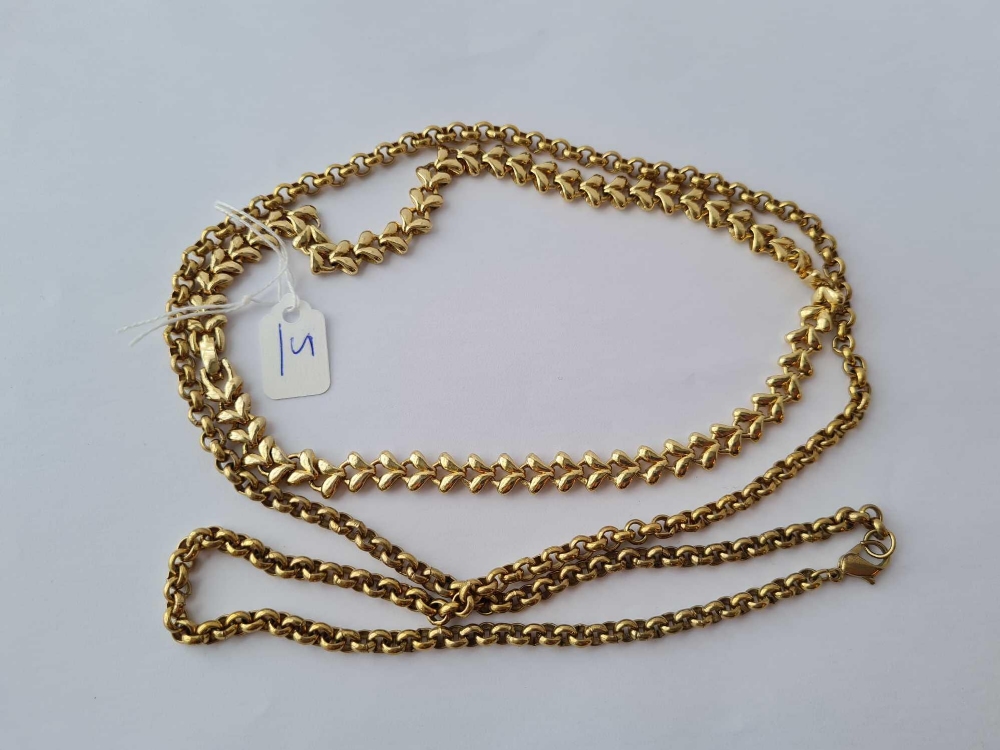 A long belcher link gold plated neck chain and one other