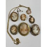 Antique vintage cameo brooches & cameo pendant, rolled gold etc.