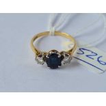 A three stone sapphire and diamond ring 18ct gold size r - 3.3 gms