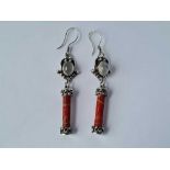 Pair of fancy silver moonstone and coral drop earrings 13.4g inc
