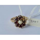 A pearl and garnet 9ct dress ring (stone out) size O 3.1g inc