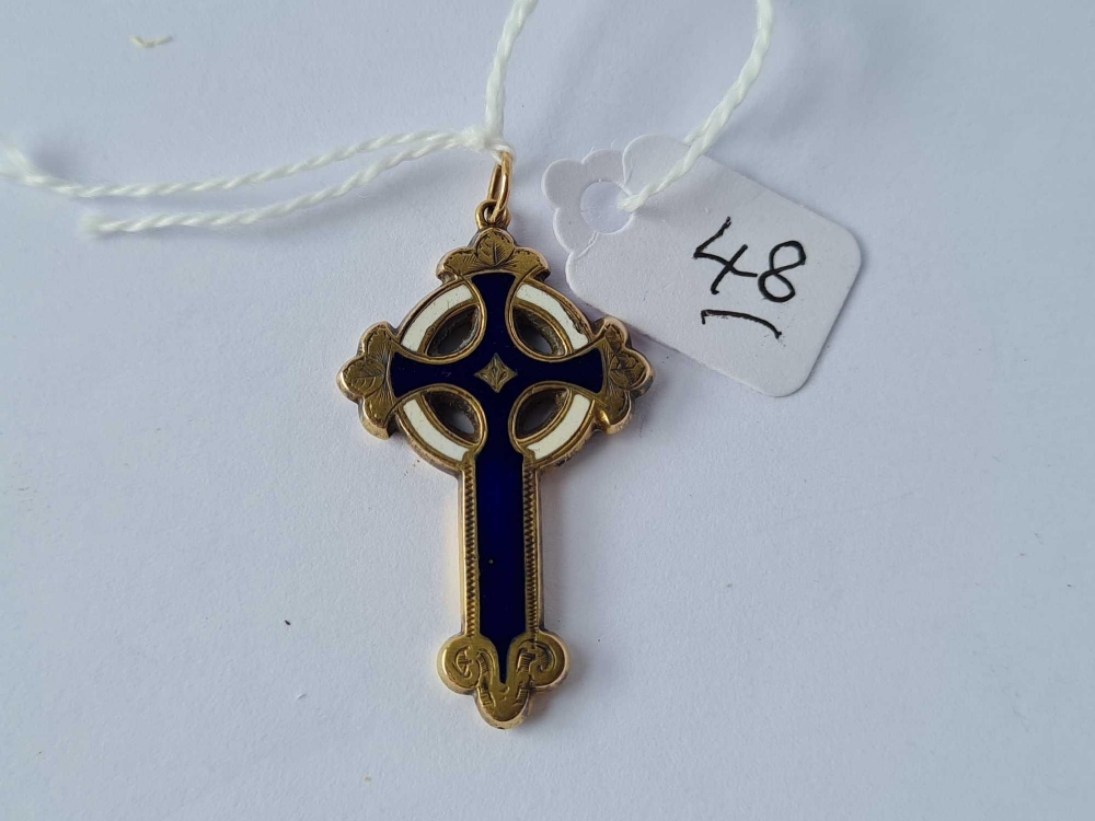 Victorian 18ct gold (tested) blue & white enamel Celtic cross pendant 2.8g inc