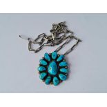 Vintage Navajo silver & turquoise pendant on silver chain 9.4g inc marked MM to reverse