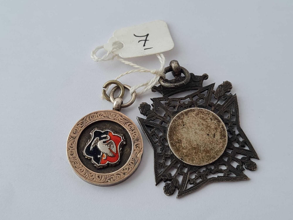 A silver gilt and enamel fob together with a Maltese cross fob in silver 1906