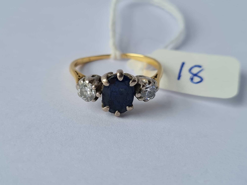 A three stone sapphire & diamond ring in gold mount size L 3g inc