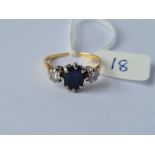 A three stone sapphire & diamond ring in gold mount size L 3g inc
