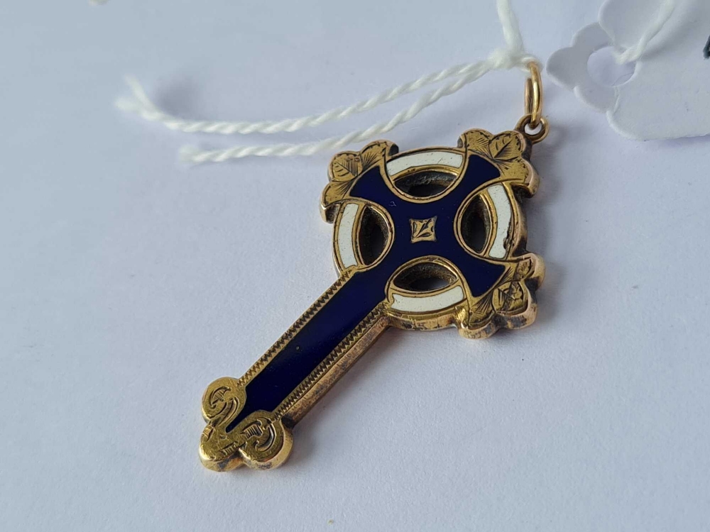 Victorian 18ct gold (tested) blue & white enamel Celtic cross pendant 2.8g inc - Image 2 of 3