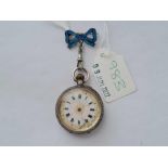 A ladies silver fob watch AF dial with enamelled ribbon bow pin