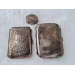 Two scroll engraved cigarette cases and an oval pill box, 130g