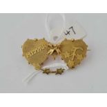 Antique Gold 9ct stamped Mizpah double heart brooch.