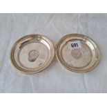 A Pair of continental 900 standard dishes, inset with coins, 4" diameter, 68g