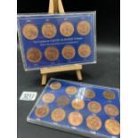 Two groups of pennies and half pennies in plastic unc.