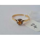 A yellow stone and diamond ring 18ct gold size T - 1.8 gms