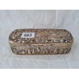 A Dutch box with rounded ends and hinged cover embossed with figures, 6" wide, Birmingham 1898,