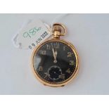 A rolled gold gents black faced pocket watch with seconds dial not working