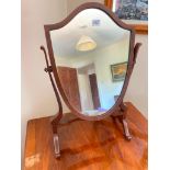 A reproduction mahogany shield shaped dressing table mirror, 16" wide