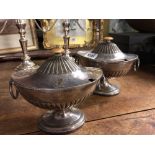 Pair of old Sheffield plated boat shaped tureens and covers, crested 7” wide
