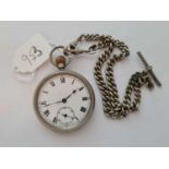 A gents metal pocket watch with curb link metal albert with seconds dial