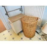 A cork top bathroom stool and a linen basket