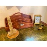 Inlaid letter rack and brass travelling clock