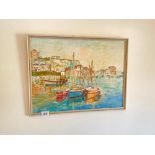 An oil painting of port scene and another by Maureen Harrison and two others