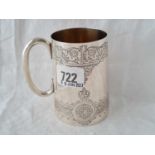 Victorian mug with two engraved bands, gilt interior. 3.75” high. London 1882 By Barnards. 165Gms