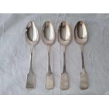 A set of four plain fiddle pattern table spoons, London 1828 by WB, 324g