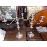 Pair of three light candleabra with gadroon borders. 20” high