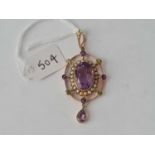 EDWARDIAN SUFFRAGETTE 9CT PENDANT, SET WITH AMETHYST, PEARLS & PERIDOTS