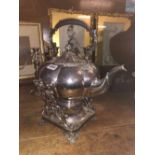 Large melon shaped kettle on stand with fruit finial