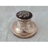 Small capstan shaped ink pot with hinged tortoiseshell cover. 2.5” diameter. Birmingham 1917